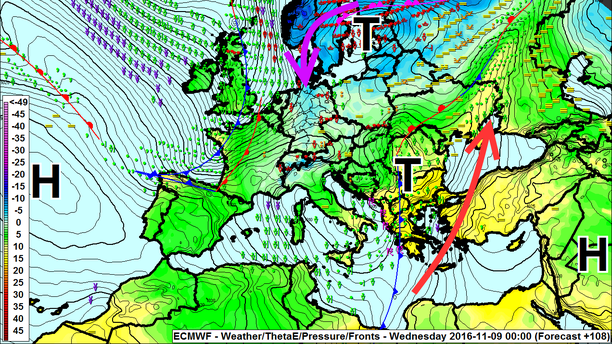 ECMWF Fronten, Theta-E 850 hPa, Wettersymbole Dienstag, 00 UTC