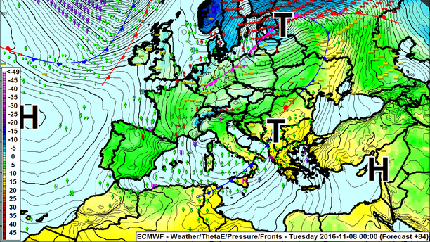 ECMWF Fronten, Theta-E 850 hPa, Wettersymbole Montag, 00 UTC
