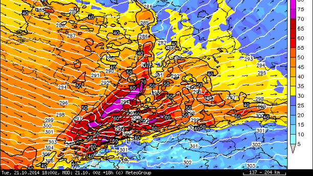 Ukmo NX Prognose Wind 700 hPa Dienstag 18 UTC