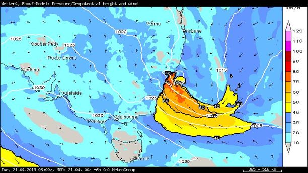 ECMWF Luftdruck, Mittelwind East-Coast Low Australien, 21.04.15 06 UTC