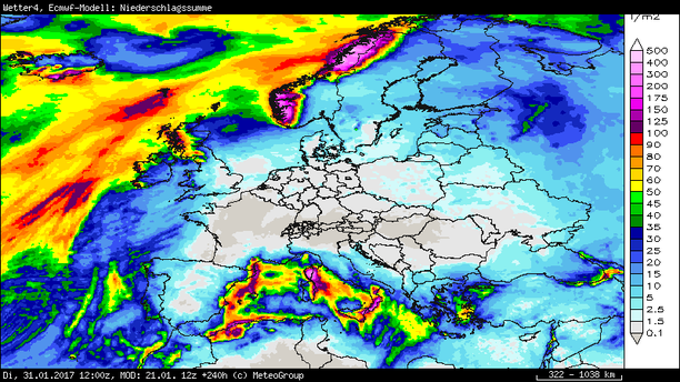 Niederschlagssumme Europa bis 22.01.17, 12 UTC