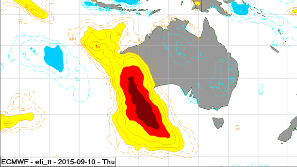 Südwest-Australien EFI ECMWF Temperatur Donnerstag