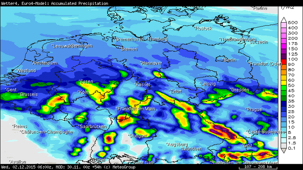 Niederschlagssumme bis Mittwoch 6 UTC nach Euro4