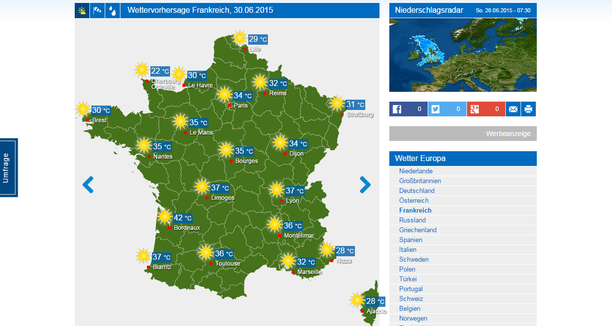 Wetterkarte Frankreich 30.06.15
