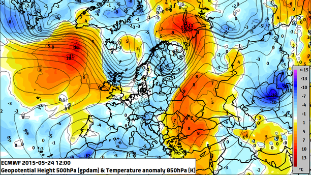 Abweichung Temperatur 850 hPa Europa Pfingstsonntag