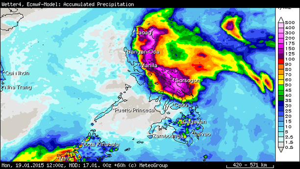 ECMWF: Regensumme Philippinen bis Montag, 19.01.15 12 UTC