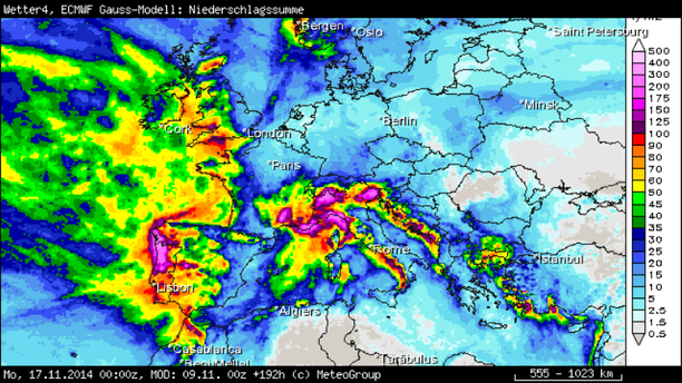 Niederschlagssumme Europa ECMWF +192 h