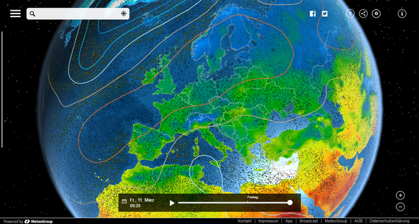 Wetter Europa - Bodendruck, Temperatur, Windstream bei MeteoEarth.com