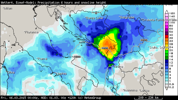 ECMWF 6-std. Niederschlag Mittelmeer und Balkan 06.03.15, 00 UTC