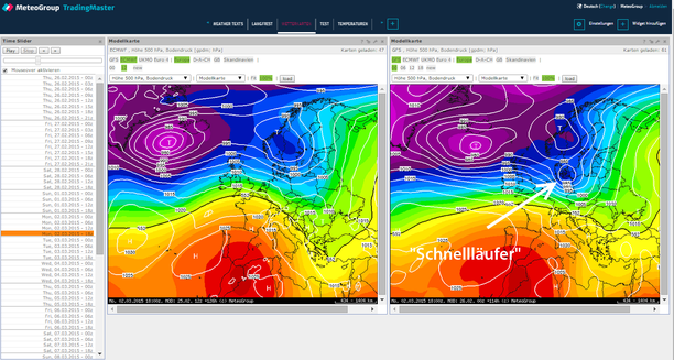 Modellvergleich ECMWF + GFS Höhe + Temperatur 500 hPa und Bodendruck für Montag 02.03.15, 18z