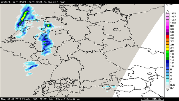 WRF 3 km Niederschlagsprognose einstündig bis 21 UTC