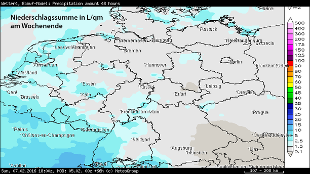 Niederschlagssumme 48-stündig ECMWF Sonntag, 07.02.16 18 UTC