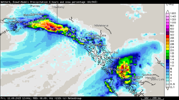 Regensumme 6-stündig Westkanada, Freitag, 11.09.15, 12 UTC