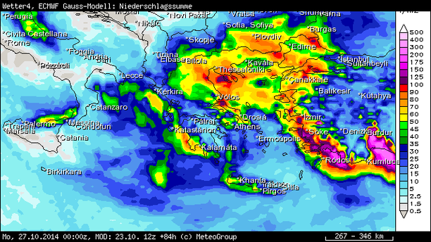 ECMWF Prognose Niederschlagssumme bis Montag, 27.10.14, 12 UTC