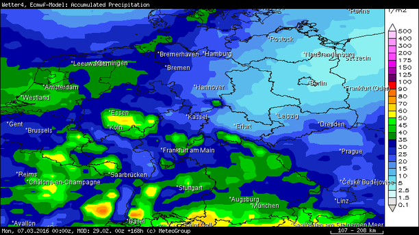Prognose Niederschlagssumme ECMWF bis 07.03.16, 00 UTC