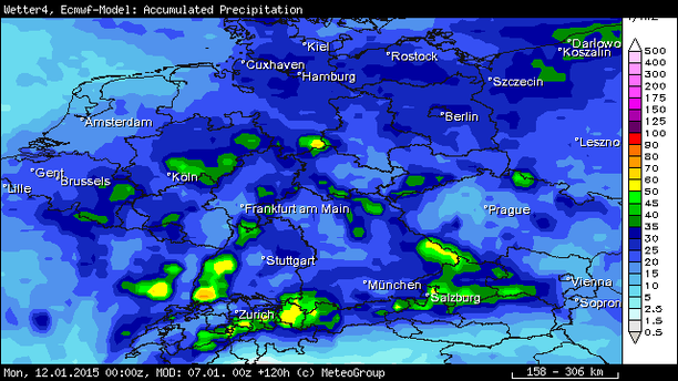 Niederschlagssumme bis Montag 00 UTC ECMWF