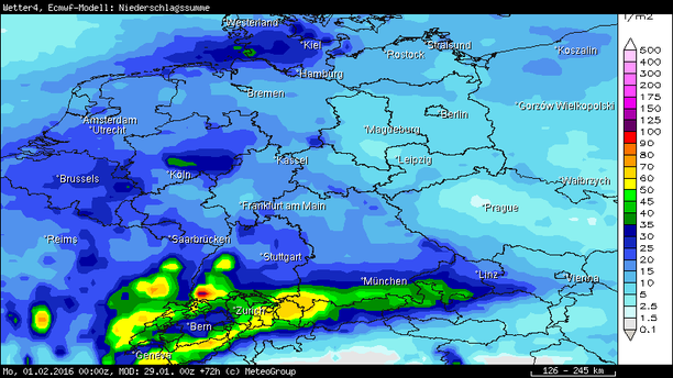 Niederschlagssumme ECMWF bis Montag, 01.02.16 00 UTC