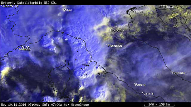 Satellitenbild Superzelle overshooting top Mittelmeer 10.11.14, 7 UTC