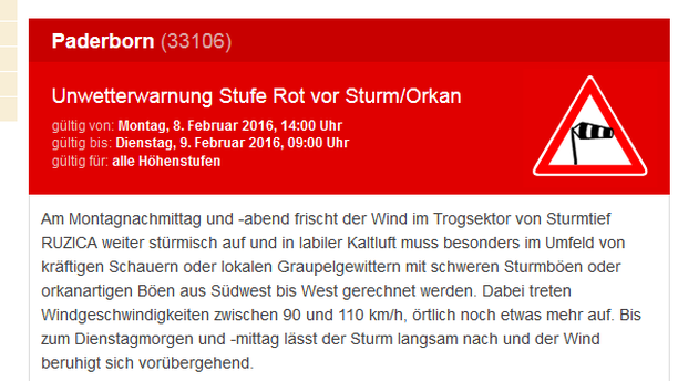 Unwetterwarnung Sturm Paderborn 08.02.2016