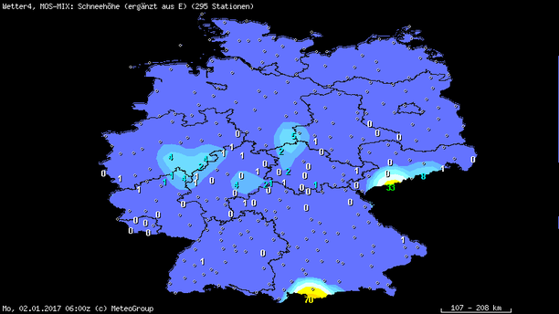 MOSMIX-Schneehöhen Deutschland, 02.01.17, 7 Uhr MEZ