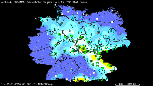 Schneehöhen MOS-MIX 05.01.16 6 UTC