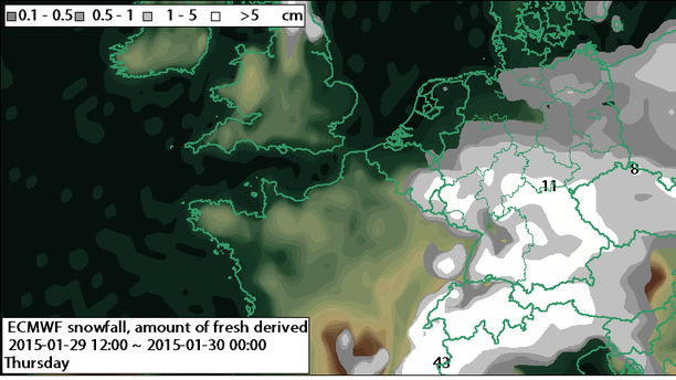 Neuschnee, 6-std. bis 30.01.15 00 UTC ECMWF