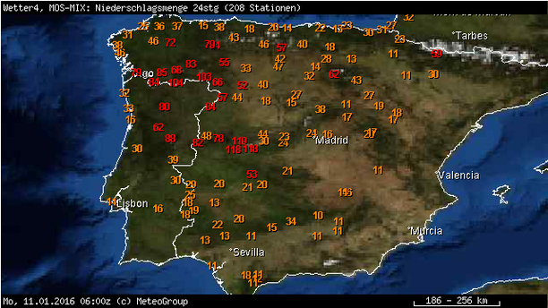 24-stündige Niederschlagssummen Spanien und Portugal am Sonntag 