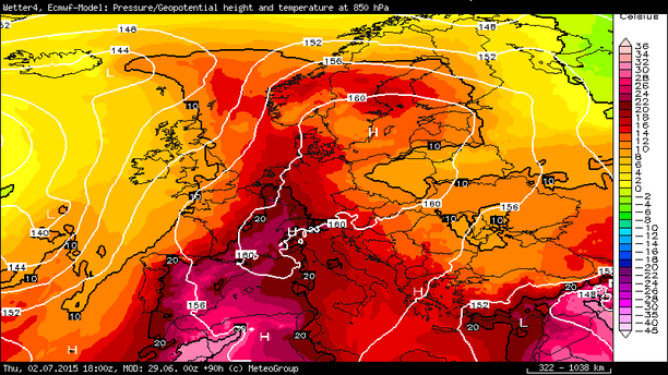 Temperatur 850 hPa Europa Donnerstag 02.07.15, 18 UTC