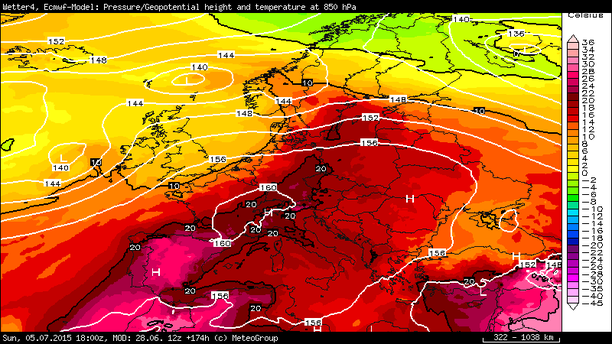 Temperatur 850 hPa Europa Sonntag, 05.07.15, 18 UTC