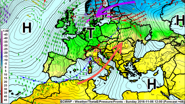 ECMWF Fronten, Theta-E 850 hPa, Wettersymbole Sonntag, 00 UTC
