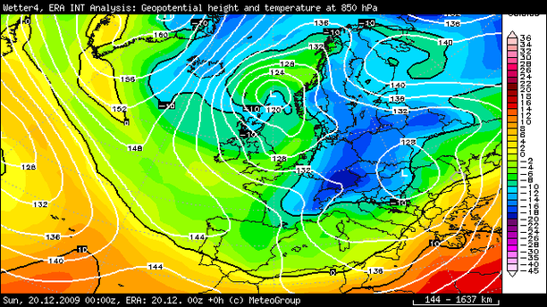 Temperatur 850 hPa, 20.12.2009