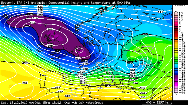 Schnee und Sturm durch "Petra": Temperatur und Isohypsen 500 hPa 18.12.2010
