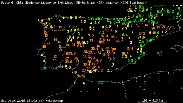 Regensumme 12-stündig Spanien 04.04.16, 20 Uhr MESZ