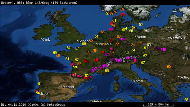 Höchste Böen 24 h, 4.11.14, 6 UTC