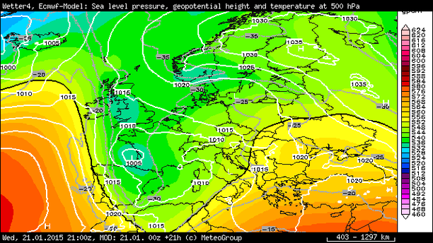 Temperatur 500 hPa, Bodendruck 21.01.15