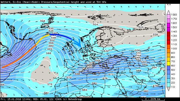 Wind 500 hPa Ensemblemittel 15.01.2016