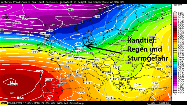 500 hPa Isohypsen, Temperatur sowie Bodendruck Europa, Sonntag, 29.30.15, 20 Uhr MESZ