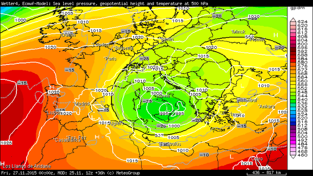Isohypsen, Temperatur 500 hPa, Prognose für Freitag 00 UTC