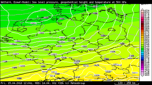 500 hPa Temperatur, Isohypsen und Bodendruck Freitag, 15.04.16 12 UTC