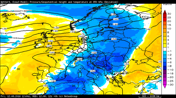 Temperaturabweichung 850 hPa 12.08.16 12 UTC Deutschland ECMWF