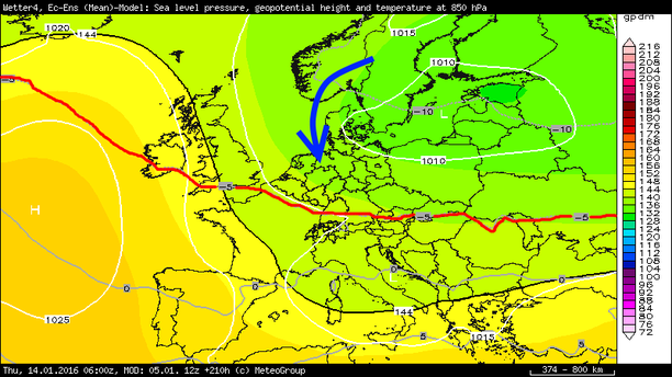 850 hPa Isotherme und Isohypsen sowie Bodendruck, Ensemblemittel 14.01.2016