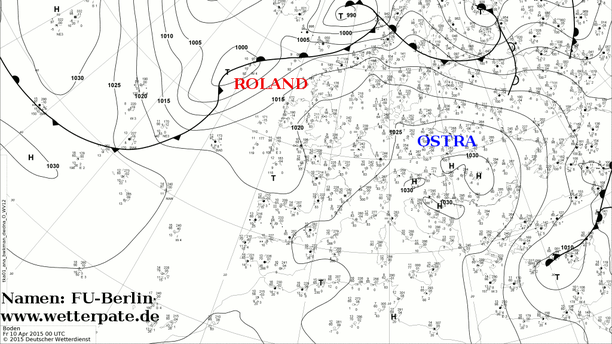 Wetterlage, Analyse Bodendruck, Fronten 11.04.2015 00 UTC