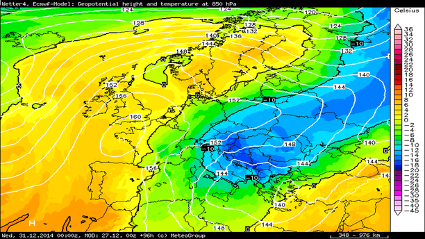 Temperatur 850 hPa 31.12.2014, 11 UTC