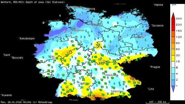 Schneehöhen in cm, 18.01.16 6 UTC