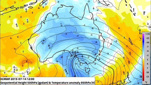 Temperaturabweichung 850 hPa 14.07.15 12 UTC