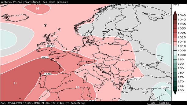 ECMWF Ensemblemittel Luftdruck Europa 27.06.15