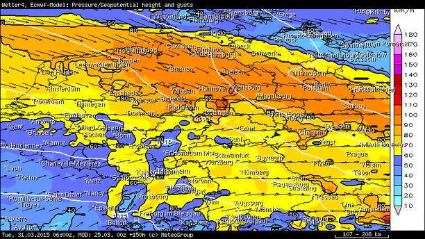 Windspitzen in km/h, 6-stündig bis 31.03.15 06 UTC