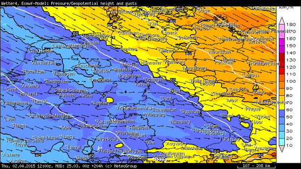 Windspitzen in km/h, 6-stündig bis 02.04.15 12 UTC