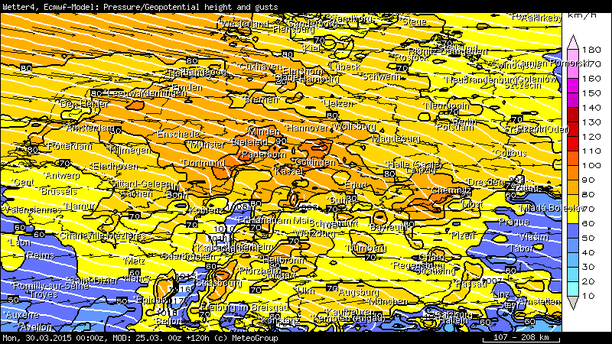 Windspitzen in km/h, 6-stündig bis 30.03.15 00 UTC