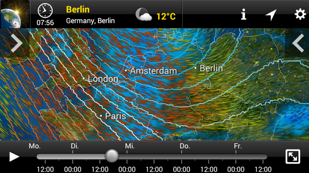 Regen und Windstream 1500 m Dienstag (MeteoEarth App)